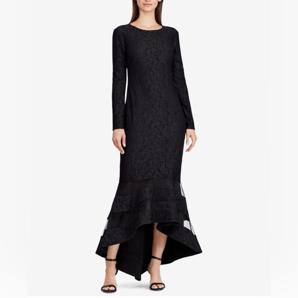 Ralph Lauren Dresses & Skirts - Ralph Lauren Womens Fluted Lace Gown Dress Long Sleeve Striped Hem Evening  2